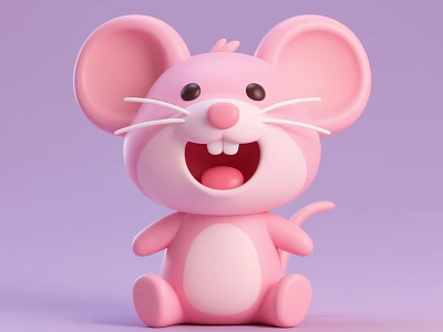 Cute Pink Stuffed Mouse Toy With Big Ears Open Mouth And Light Purple Background 3d model