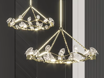 Elegant Petal Shaped Chandelier With Golden Frame And Transparent Illuminated Decorations On Dark Striped Wall 3d model