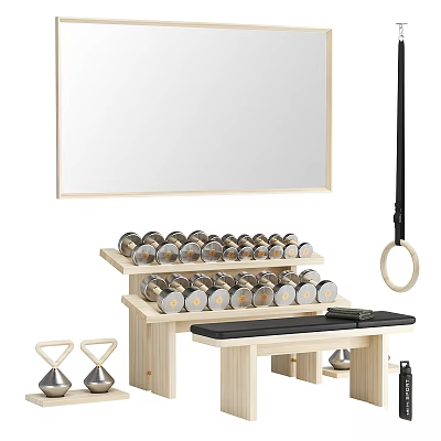 Wooden Gym Equipment Set With Dumbbells Rack Workout Bench Yoga Wheels And Rings 3d model