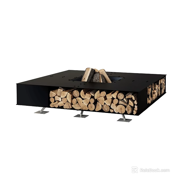 Modern Black Square Fire Pit Design With Stacked Wood Logs And Metal Legs 3d model 
