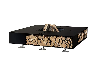 Modern Black Square Fire Pit Design With Stacked Wood Logs And Metal Legs 3d model