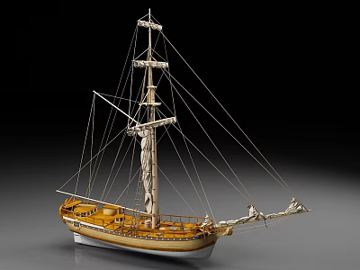 Detailed Sailing Ship Model With Multi Mast Rigging And Yellow White Hull Details 3d model