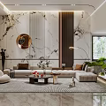 Luxurious Living Dining Room Interior With Marble Columns Staircase Large Windows And Wine Cabinet