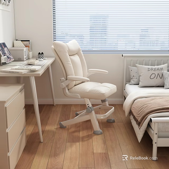 Cozy Bedroom Interior With Wooden Floor Desk Office Chair And City View Blinds 3d model 