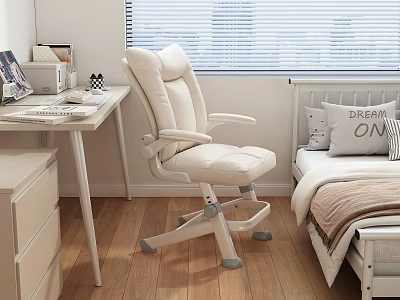 Cozy Bedroom Interior With Wooden Floor Desk Office Chair And City View Blinds 3d model