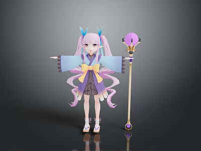Woman with pink pigtails blue horns in kimono style outfit holding purple staff with orb 3d model