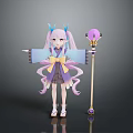 Woman with pink pigtails blue horns in kimono style outfit holding purple staff with orb