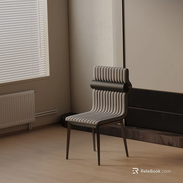Gray Modern Dining Chair With Striped Backrest And Dark Wooden Legs In Light Interior 3d model 