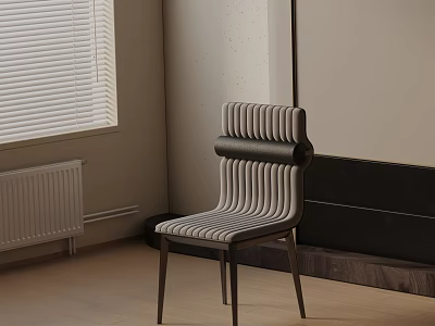 Gray Modern Dining Chair With Striped Backrest And Dark Wooden Legs In Light Interior 3d model