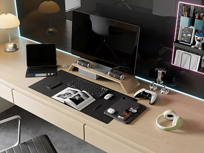 Modern Computer Workstation Setup With Desktop Monitor Laptop Keyboard Mouse And Game Controller 3d model