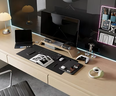 Modern Computer Workstation Setup With Desktop Monitor Laptop Keyboard Mouse And Game Controller 3d model
