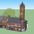 Vintage Red Brick Commercial Complex With Retail Shops Cafe And Clock Tower 3d model