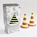 Road Facilities With Gray Metal Box Black Yellow Warning Sign And Red Yellow Traffic Cones