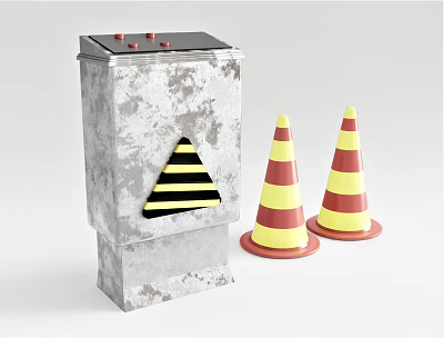 Road Facilities With Gray Metal Box Black Yellow Warning Sign And Red Yellow Traffic Cones 3d model