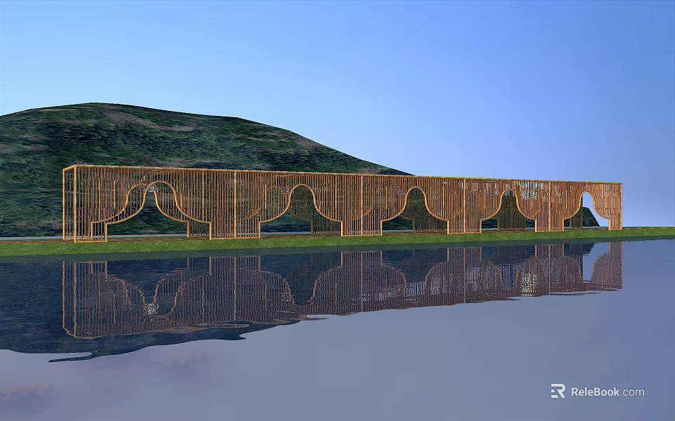 Outdoor Wooden Arched Structure With Water Reflection And Green Hills 3d model 