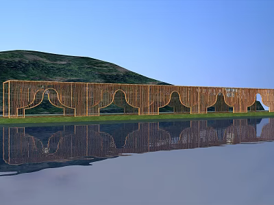 Outdoor Wooden Arched Structure With Water Reflection And Green Hills 3d model