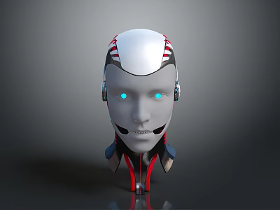 Game Movie Character White Robot Head With Red Black Stripes Blue Glowing Eyes Mechanical Neck 3d model