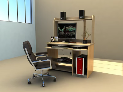 Functional Office Desk With Computer Monitor Black Speakers Small Potted Plant And Red Cabinet 3d model