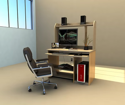 Functional Office Desk With Computer Monitor Black Speakers Small Potted Plant And Red Cabinet 3d model