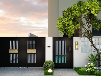 Modern Garden Landscape With Black Gate Green Trees Shrubs And Sunset Sky 3d model