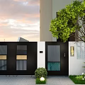 Modern Garden Landscape With Black Gate Green Trees Shrubs And Sunset Sky
