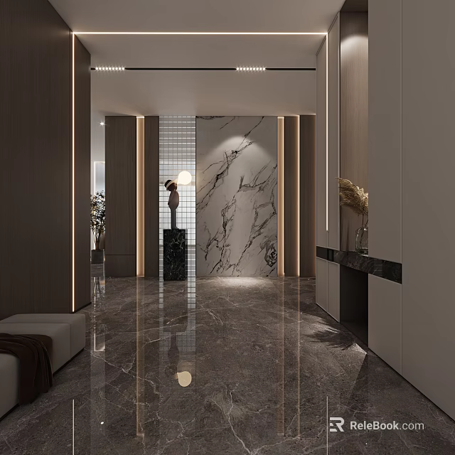 Modern Foyer Hallway Interior Design With Marble Wall Polished Floor And Ambient Lighting 3d model 