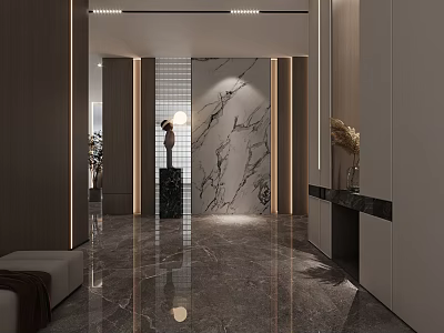 Modern Foyer Hallway Interior Design With Marble Wall Polished Floor And Ambient Lighting 3d model