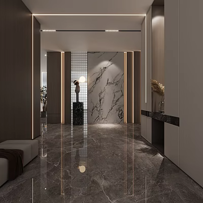 Modern Foyer Hallway Interior Design With Marble Wall Polished Floor And Ambient Lighting 3d model