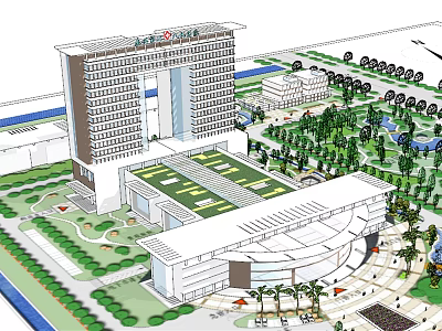 Modern Mixed Use Complex With High Rise Building Low Rise Structures And Landscaped Areas 3d model