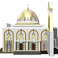 Traditional Islamic Mosque Exterior Featuring Golden Dome And Arabic Decorative Arches