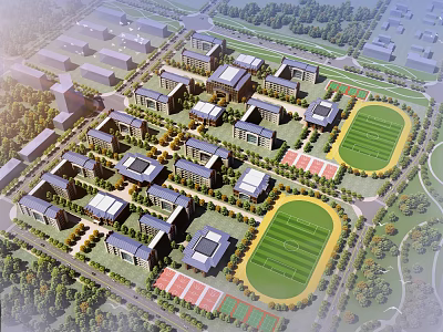Campus School Buildings Layout With Classroom Structures Sports Fields And Green Spaces 3d model