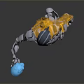 Silver Robot Standing With Yellow Cape Holding Blue Glowing Orb