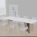 Modern Minimalist Dining Table Set with White Marble Tabletop Wooden Legs and White Chairs