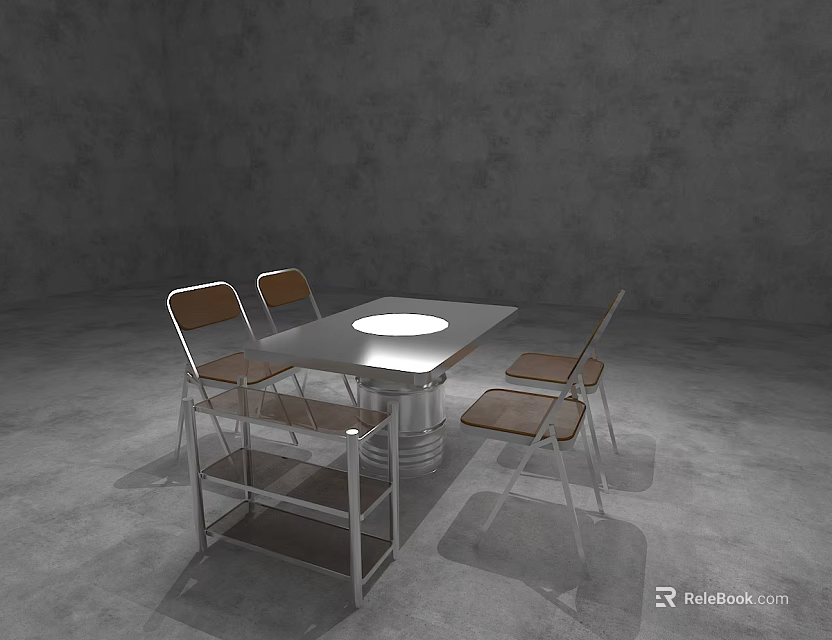 Round Dining Table Set With Four Chairs Brown Seats Metal Legs And Central Light 3d model 
