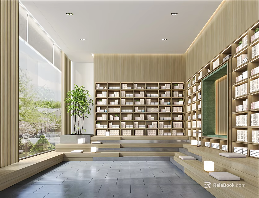 School Library Interior With Spacious Reading Area Bookshelves And Green Plants 3d model 