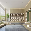 School Library Interior With Spacious Reading Area Bookshelves And Green Plants
