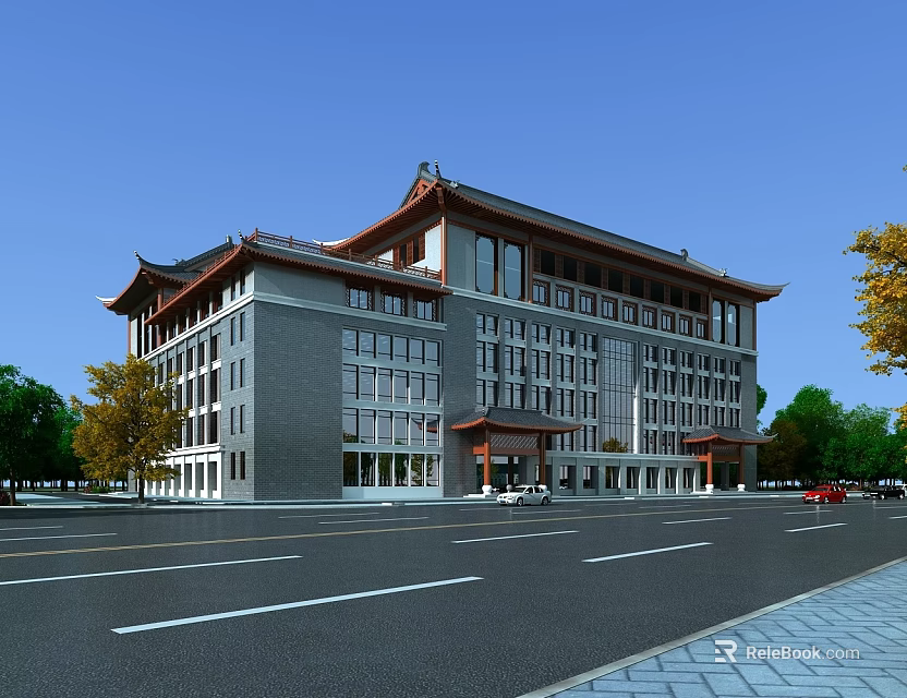 Modern Museum Building With Traditional Roof Gray Facade Large Windows And Street Trees 3d model 
