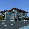 Modern Museum Building With Traditional Roof Gray Facade Large Windows And Street Trees