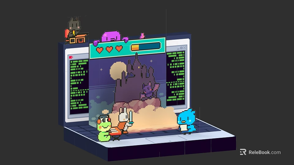Electronic Gaming Monitor Displaying Castle Game Scene With Cartoon Characters And Controllers 3d model 