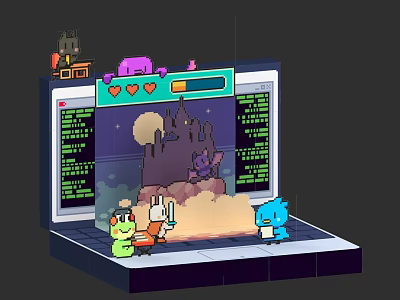 Electronic Gaming Monitor Displaying Castle Game Scene With Cartoon Characters And Controllers 3d model