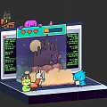 Electronic Gaming Monitor Displaying Castle Game Scene With Cartoon Characters And Controllers