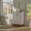 White Modern Shoe Cabinet With Golden Legs And Geometric Design In Bright Living Room
