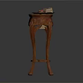Carved Wooden Side Table With Intricate Details And Cake With Fruits On Top