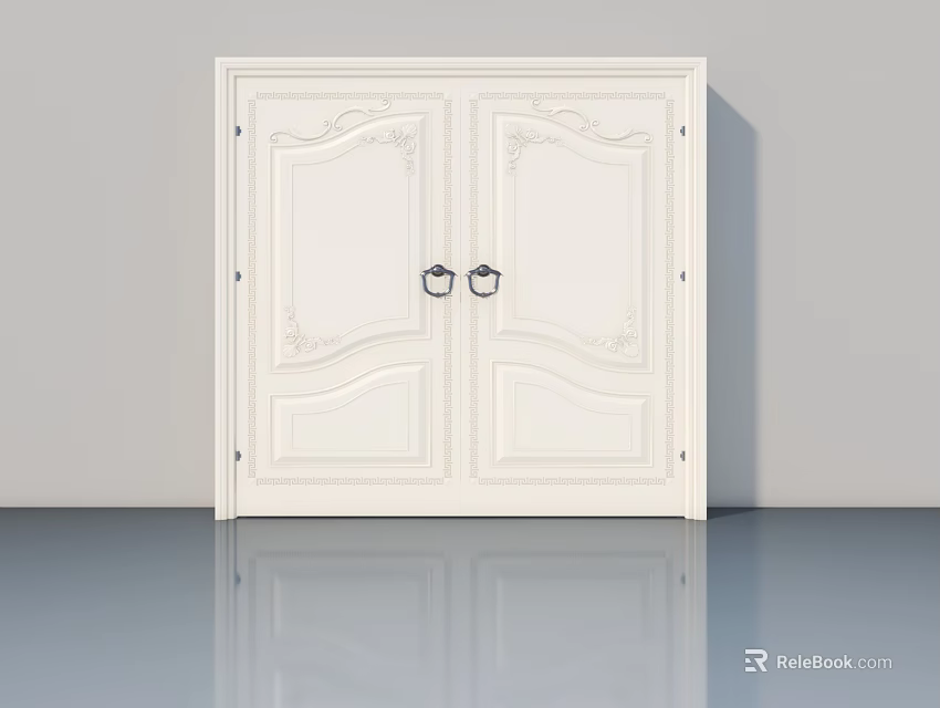 Elegant White Double Swing Door With Intricate Carved Patterns For Interior 3d model 