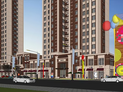 High Rise Residential Commercial Buildings Street View With Shops Cars Flags And Decorative Elements 3d model