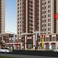 High Rise Residential Commercial Buildings Street View With Shops Cars Flags And Decorative Elements
