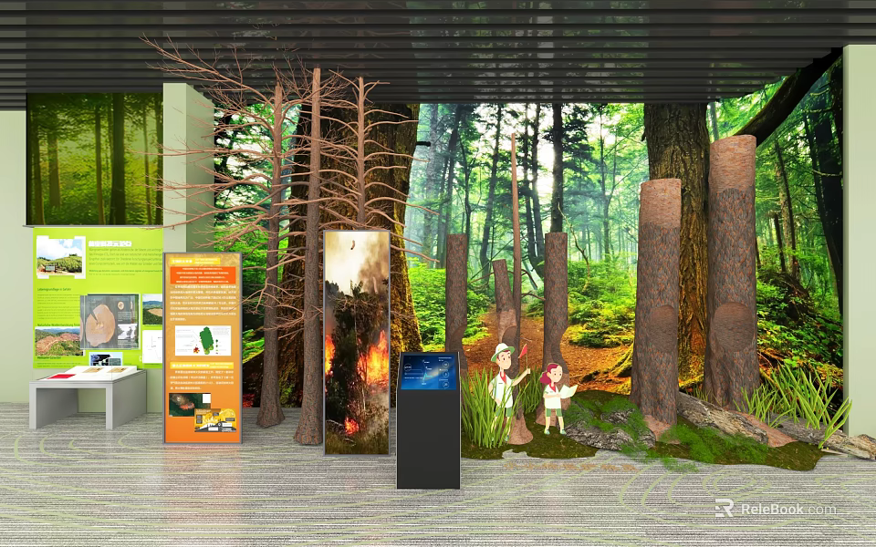 Interactive Forest Education Exhibition With Tree Trunks Displays And Children Learning About Nature 3d model