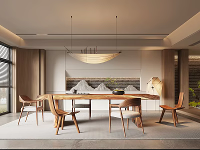 Modern Open Concept Restaurant Interior With Wooden Dining Table And Pendant Lights 3d model