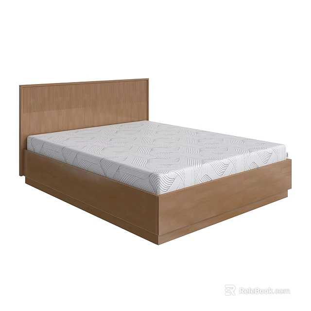 Double Bed With Wooden Frame Headboard And White Mattress Geometric Pattern 3d model 