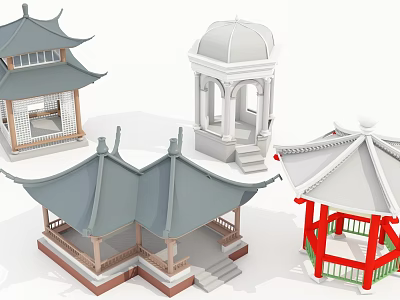 Traditional Architectural Pavilions With Various Roof Styles And Colorful Designs 3d model